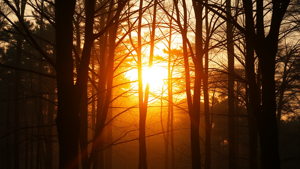 Peaceful sunrise through forest trees with soft golden light filtering through branches representing hope and new beginnings no text no words no letters