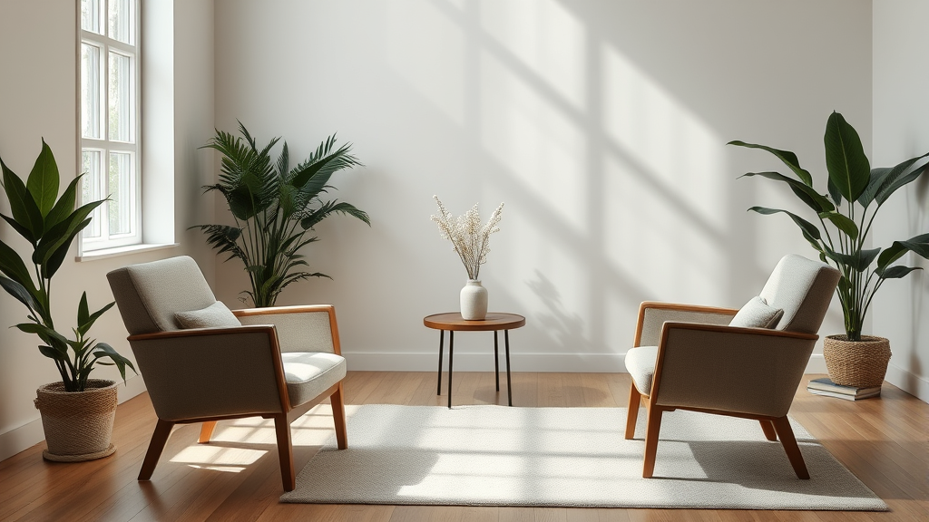 Serene therapy room with comfortable chairs and calming natural lighting creating safe therapeutic space no text no words no letters