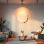 Peaceful therapy room with warm lighting, comfortable seating, plants, serene atmosphere, mental wellness concept, no text no words no letters