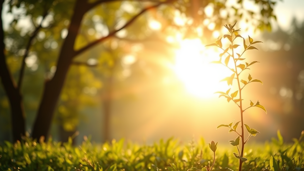 Calming nature scene with soft sunlight, representing healing and growth, tranquil emotional wellness imagery, no text no words no letters