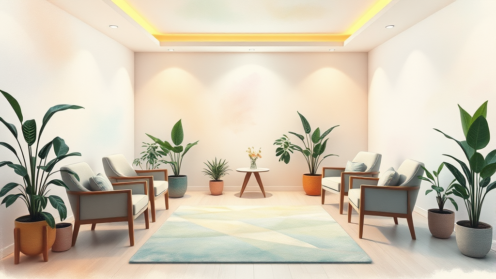 Soft watercolor therapy room with warm lighting, comfortable chairs, plants, peaceful atmosphere, healing space, no text no words no letters