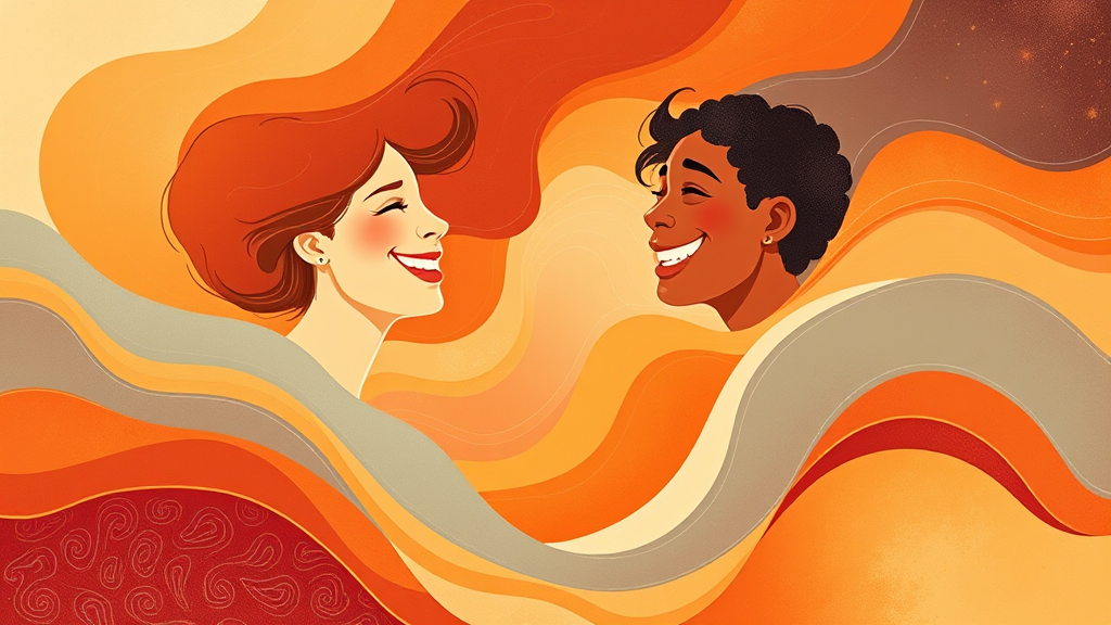 Abstract representation of laughter and connection, flowing warm colors, gentle curves, community feeling, healing energy, no text no words no letters