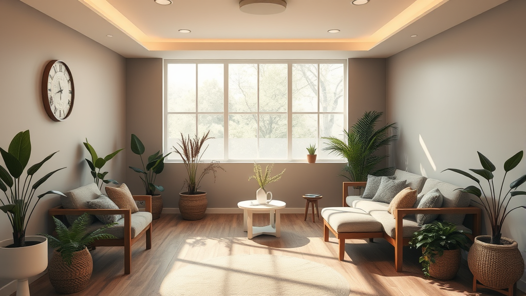 Peaceful therapy room with soft natural lighting, comfortable seating, plants, warm earth tones, calming atmosphere, no text no words no letters
