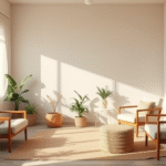Serene therapy office interior with soft natural lighting gentle earth tones comfortable seating plants peaceful calming atmosphere no text no words no letters