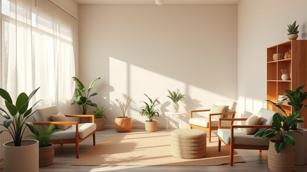 Serene therapy office interior with soft natural lighting gentle earth tones comfortable seating plants peaceful calming atmosphere no text no words no letters