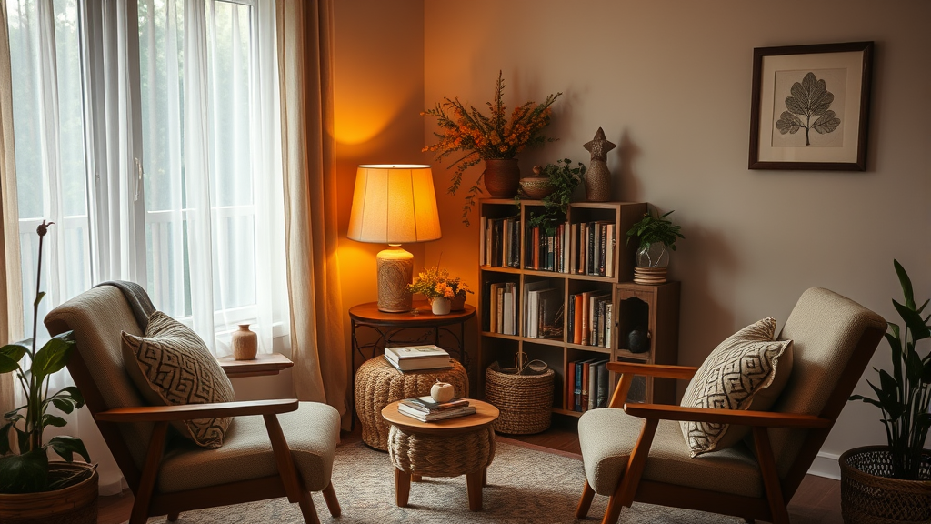 Cozy therapy room corner with comfortable chairs warm lamp natural elements books peaceful setting therapeutic environment no text no words no letters