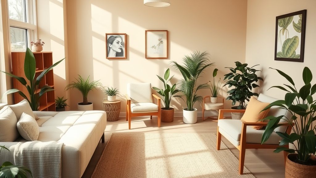 Peaceful therapy office with soft natural lighting warm earth tones comfortable seating plants creating calming healing environment no text no words no letters