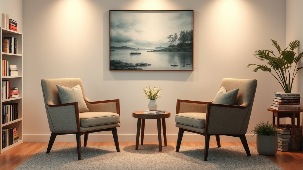 Serene counseling space with two chairs facing each other soft lighting books and peaceful artwork creating therapeutic atmosphere no text no words no letters