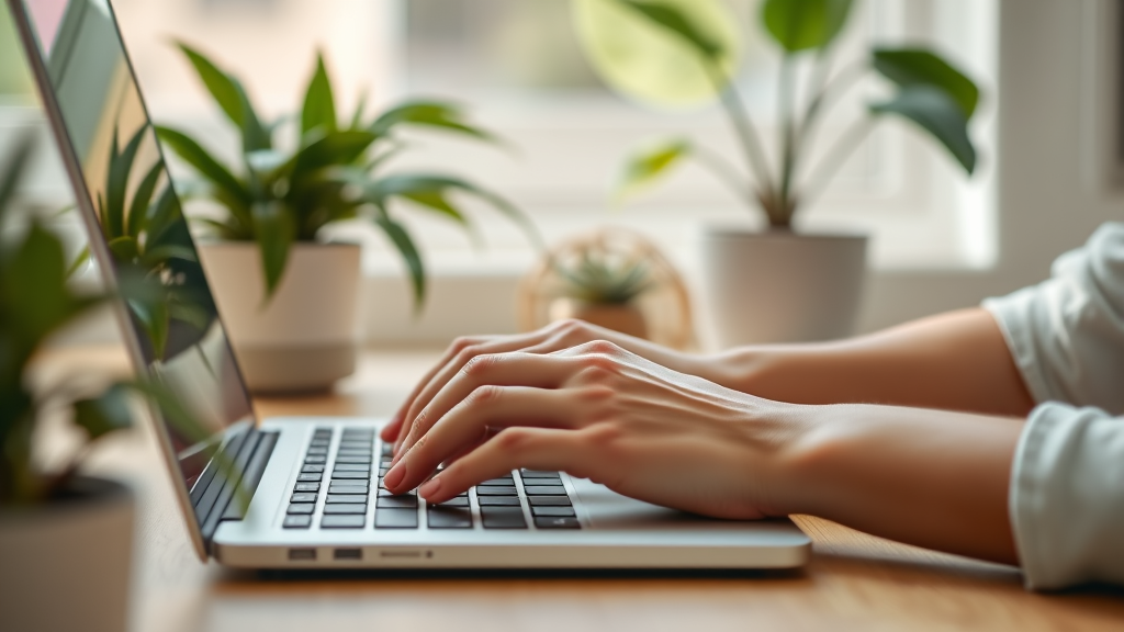 Gentle hands typing on laptop, soft natural lighting, plants and calm workspace, digital wellness concept, tranquil productivity, no text no words no letters