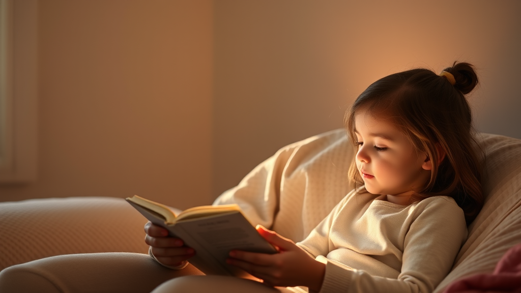 Soft morning light illuminating parent and child reading together, warm gentle colors, peaceful communication moment, serene family bonding, no text no words no letters