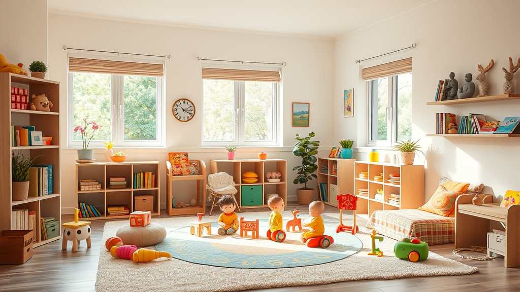Gentle therapy room with colorful toys and books, warm natural lighting, peaceful learning environment, child-friendly space, no text no words no letters
