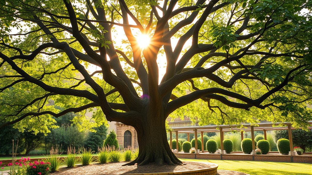 Peaceful therapy tree in serene garden setting with soft morning light filtering through branches, healing atmosphere, no text no words no letters