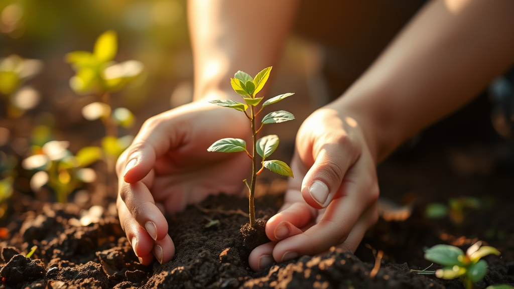 Gentle hands nurturing small tree sapling in therapeutic garden space, warm golden light, growth concept, no text no words no letters