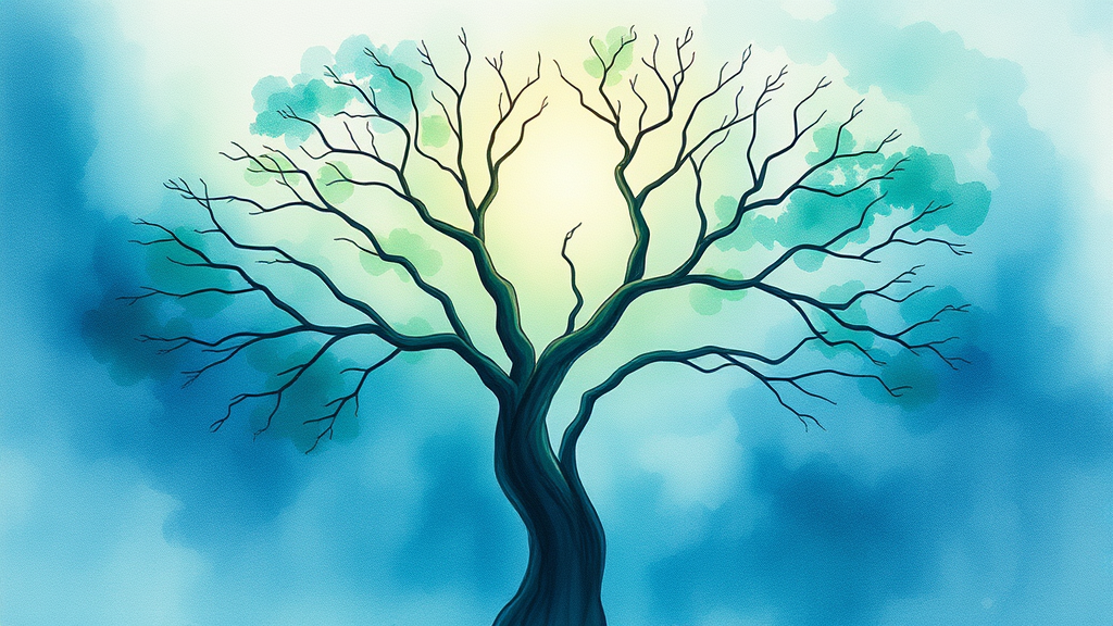 Abstract watercolor tree with flowing branches reaching toward light, calming blues and greens, emotional healing, no text no words no letters