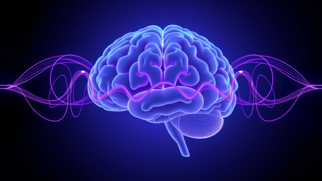 Peaceful brain visualization with soft magnetic waves, calming blue and purple tones, serene medical technology concept, no text no words no letters