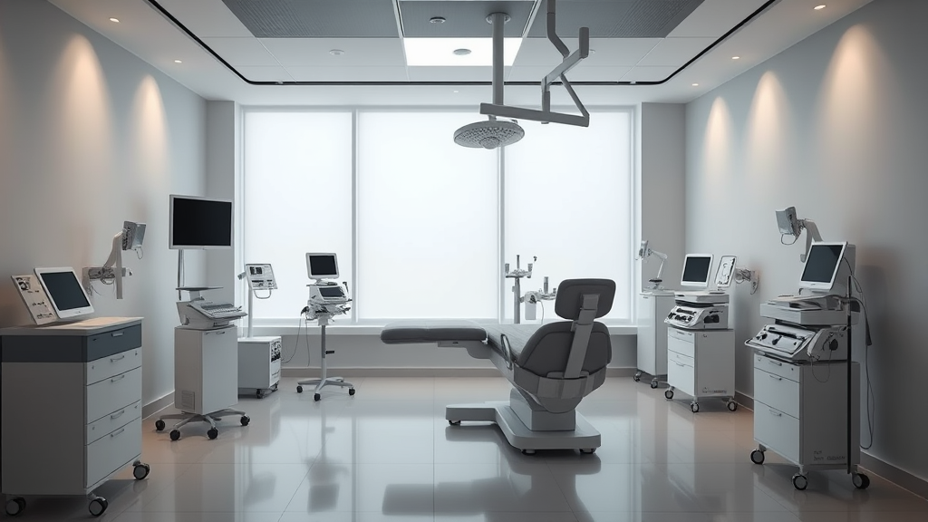 Tranquil therapy room setting with modern medical equipment, gentle lighting, healing environment atmosphere, no text no words no letters