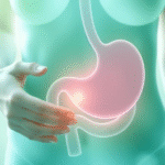 Gentle stomach relief concept with soft healing light and calming blue green tones representing digestive wellness no text no words no letters