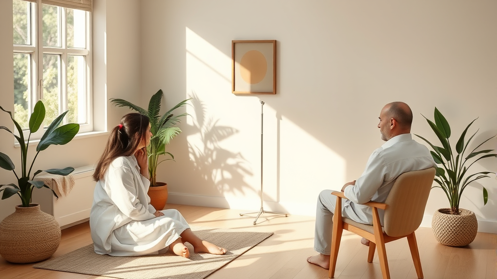 Peaceful medical consultation setting with warm natural lighting and healing atmosphere representing therapeutic care no text no words no letters