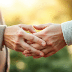 Elderly hands gently holding each other in soft natural light, conveying connection and understanding, peaceful atmosphere, no text no words no letters