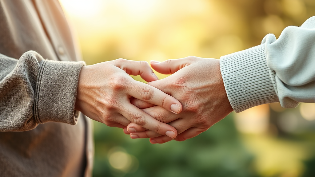 Elderly hands gently holding each other in soft natural light, conveying connection and understanding, peaceful atmosphere, no text no words no letters