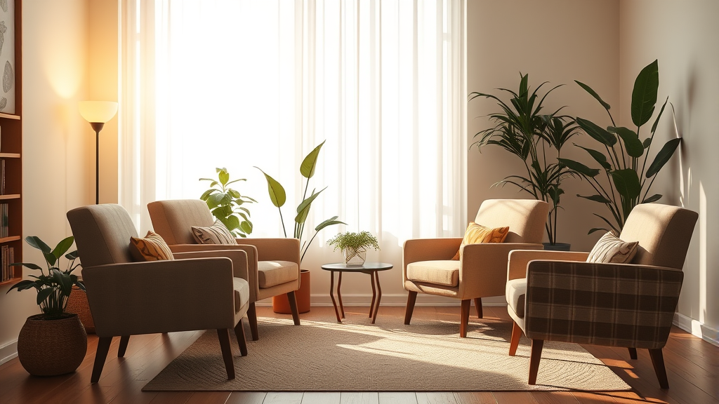 Serene therapy room with warm lighting, comfortable chairs facing each other, plants in background, calming peaceful environment, no text no words no letters