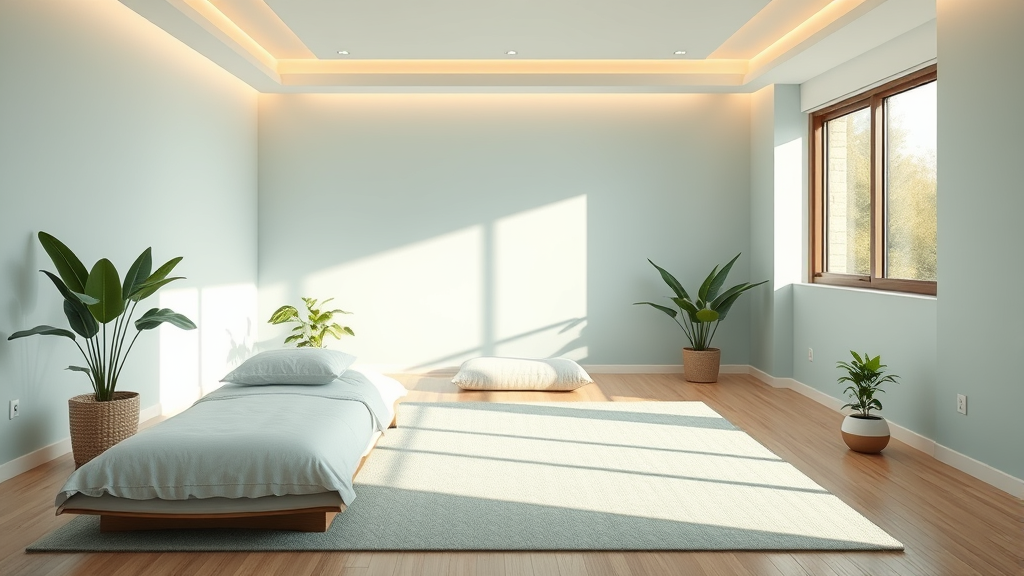 Peaceful therapy room with soft natural lighting, calming blue and green tones, balance and wellness concept, no text no words no letters