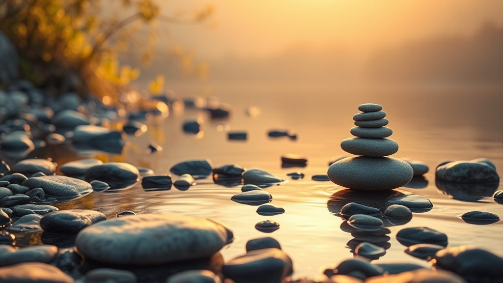 Tranquil nature scene with smooth stones balanced peacefully, warm golden light, harmony and equilibrium, no text no words no letters