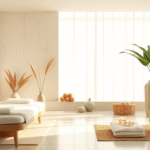 Serene wellness spa interior with soft natural lighting, calming earth tones, peaceful atmosphere focused on health rejuvenation, no text no words no letters