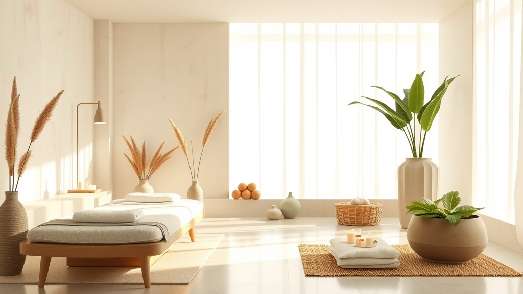 Serene wellness spa interior with soft natural lighting, calming earth tones, peaceful atmosphere focused on health rejuvenation, no text no words no letters