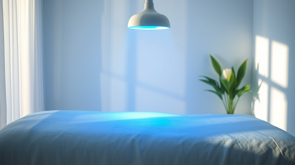 Soft blue light emanating from therapeutic device with peaceful indoor setting, gentle shadows, calming atmosphere, wellness concept, no text no words no letters
