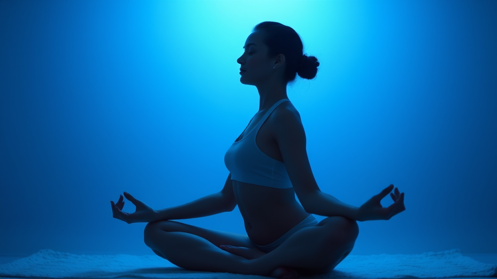 Person in meditative pose with gentle blue therapeutic light, tranquil spa-like environment, mental wellness concept, calming blue tones, no text no words no letters