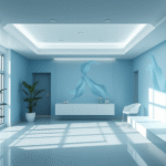 Serene medical wellness center with soft natural lighting and calming blue tones representing cellular rejuvenation and healing no text no words no letters