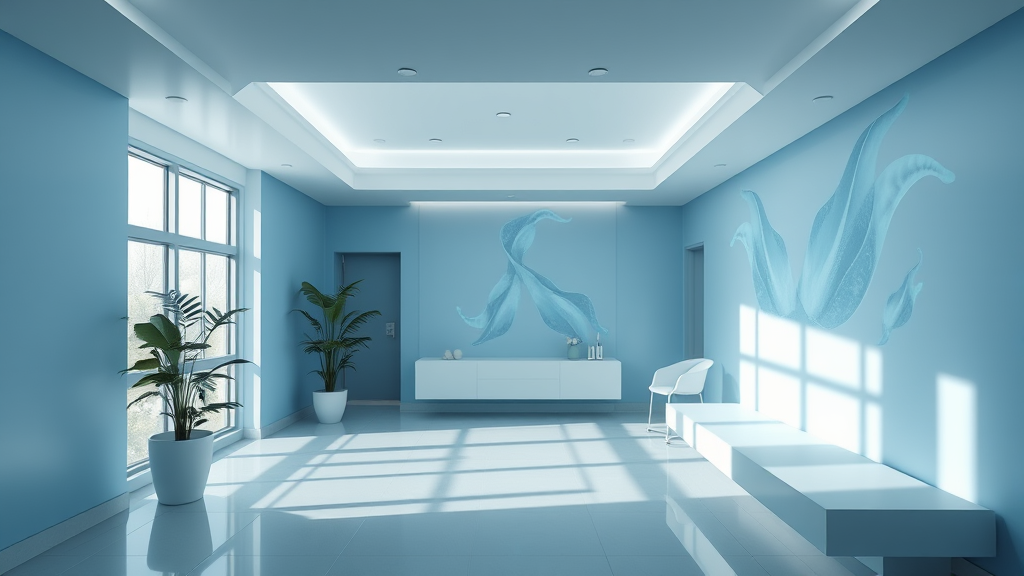 Serene medical wellness center with soft natural lighting and calming blue tones representing cellular rejuvenation and healing no text no words no letters
