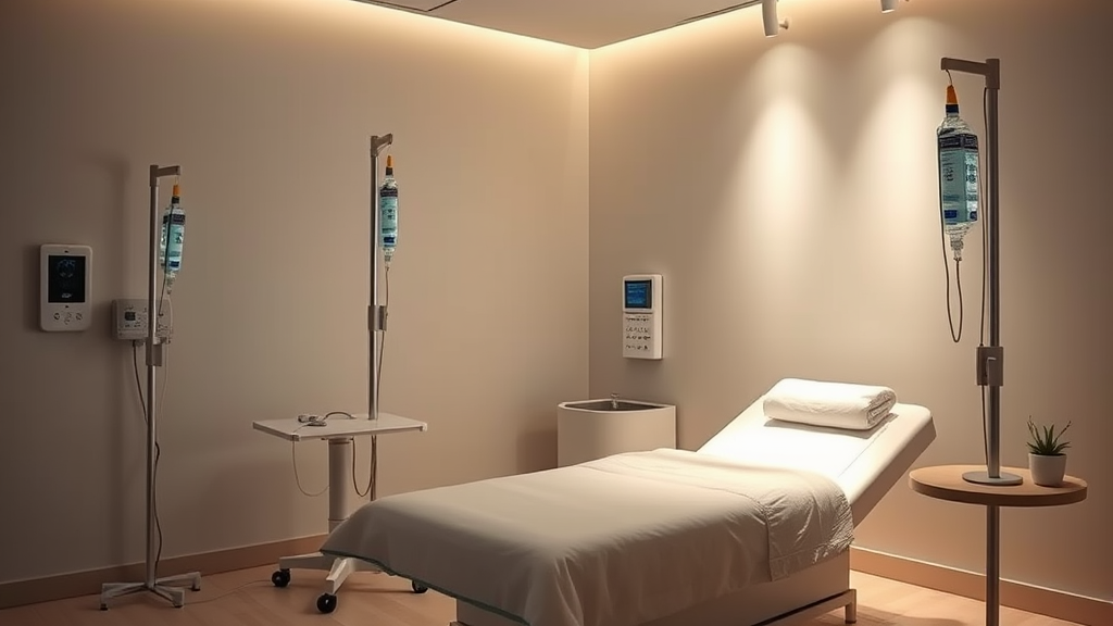 Peaceful IV therapy room with comfortable chair and gentle ambient lighting suggesting restoration and cellular health no text no words no letters
