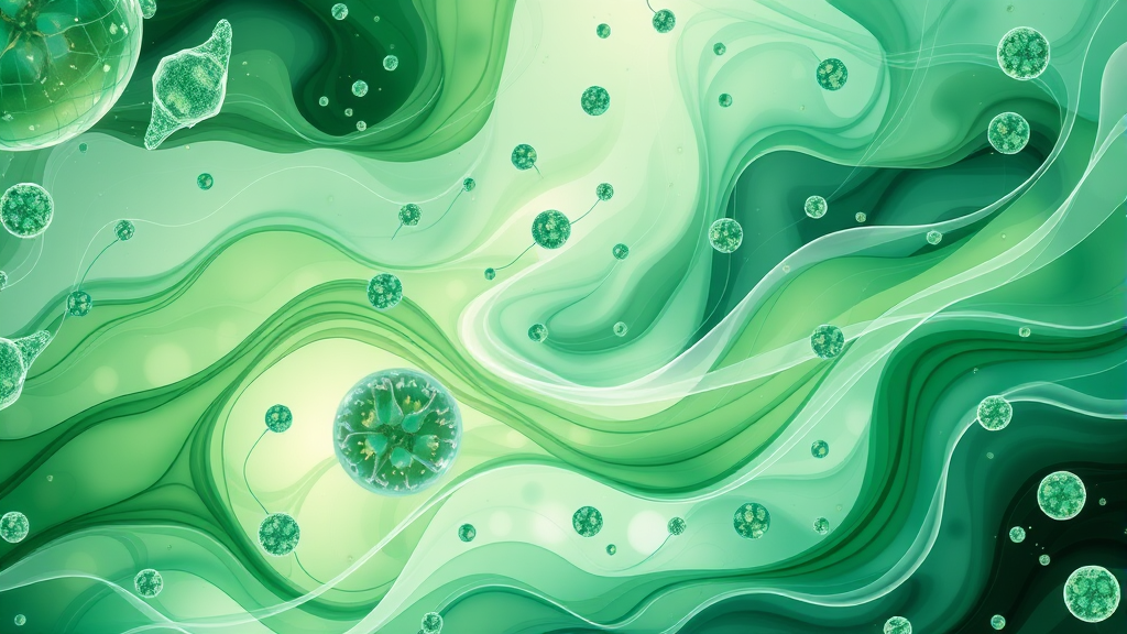 Abstract representation of cellular energy and vitality with flowing organic shapes in soothing greens and blues no text no words no letters