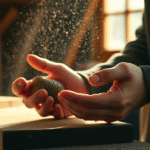 Peaceful hands gently shaping wood in warm natural light, sawdust particles floating, calm therapeutic workspace, no text no words no letters