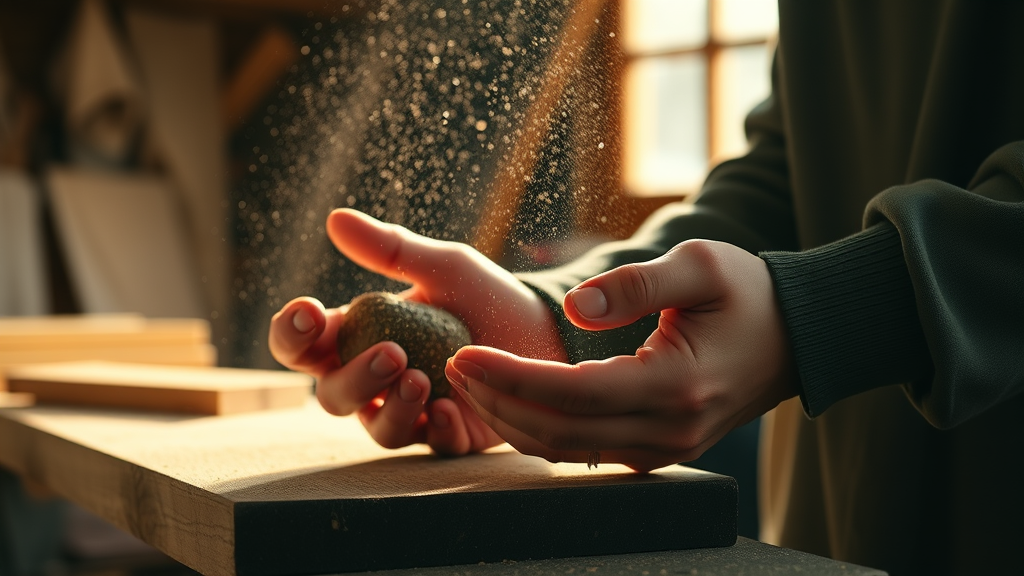 Peaceful hands gently shaping wood in warm natural light, sawdust particles floating, calm therapeutic workspace, no text no words no letters