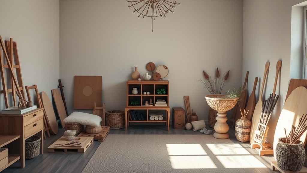 Serene therapy room with wooden projects, soft natural lighting, crafting tools arranged mindfully, healing atmosphere, no text no words no letters