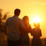 Peaceful family silhouettes embracing at sunset with warm golden light, soft focus, emotional healing concept, no text no words no letters
