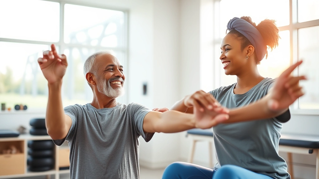 A diverse patient in a bright, modern physical therapy clinic performing a therapeutic exercise with a supportive therapist nearby, both smiling, natural sunlight streaming through large windows, professional medical environment