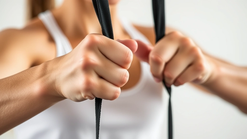 Close-up of a person's hands gripping therapy bands during resistance exercise, showing focused concentration and determination, neutral background emphasizing movement and strength