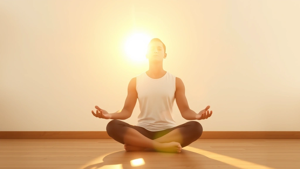 Person sitting in peaceful meditation pose in bright natural light, serene expression, mindful breathing, warm golden hour lighting, minimalist clean background, photorealistic, calm atmosphere