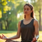 Person meditating in peaceful natural setting with soft morning light filtering through trees, serene facial expression, calm and centered posture, photorealistic, no text