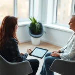 A therapist and patient in a modern telehealth consultation, sitting across from each other in a bright, minimalist office with large windows, digital tablet with therapy notes visible, warm natural lighting, professional healthcare environment