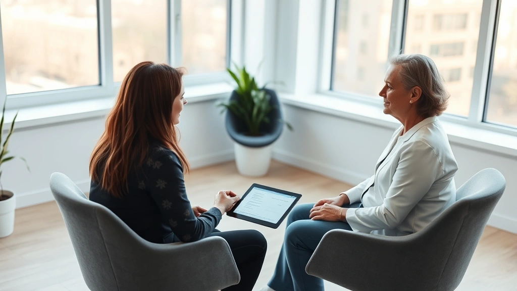 A therapist and patient in a modern telehealth consultation, sitting across from each other in a bright, minimalist office with large windows, digital tablet with therapy notes visible, warm natural lighting, professional healthcare environment