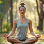 Person meditating in peaceful natural setting with soft sunlight filtering through trees, calm facial expression, sitting in lotus position, serene outdoor environment, photorealistic