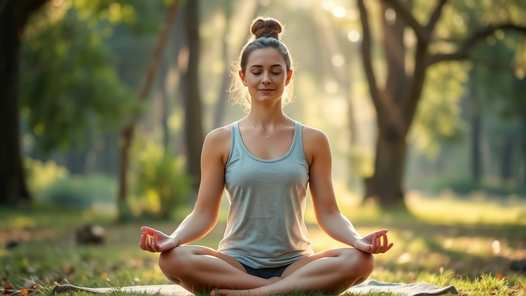 Person meditating in peaceful natural setting with soft sunlight filtering through trees, calm facial expression, sitting in lotus position, serene outdoor environment, photorealistic