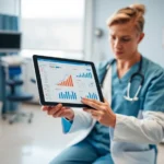 Healthcare professional using digital tablet reviewing patient therapy progress charts and outcome measurements in modern medical clinic environment with blue and white color scheme