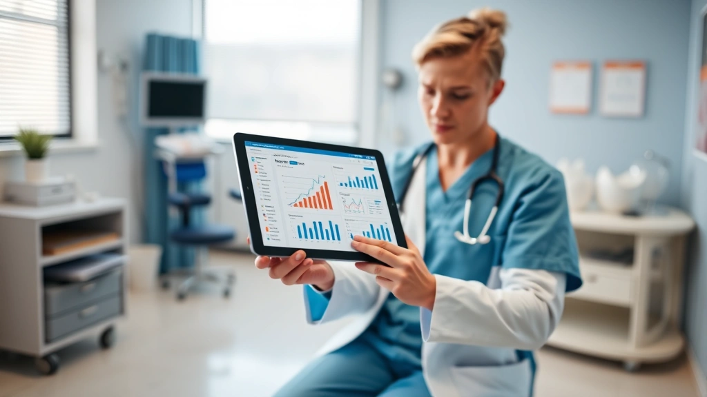 Healthcare professional using digital tablet reviewing patient therapy progress charts and outcome measurements in modern medical clinic environment with blue and white color scheme