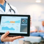 Healthcare professional using tablet with digital interface showing patient data and therapy progress charts, modern medical office environment, soft blue and white color scheme